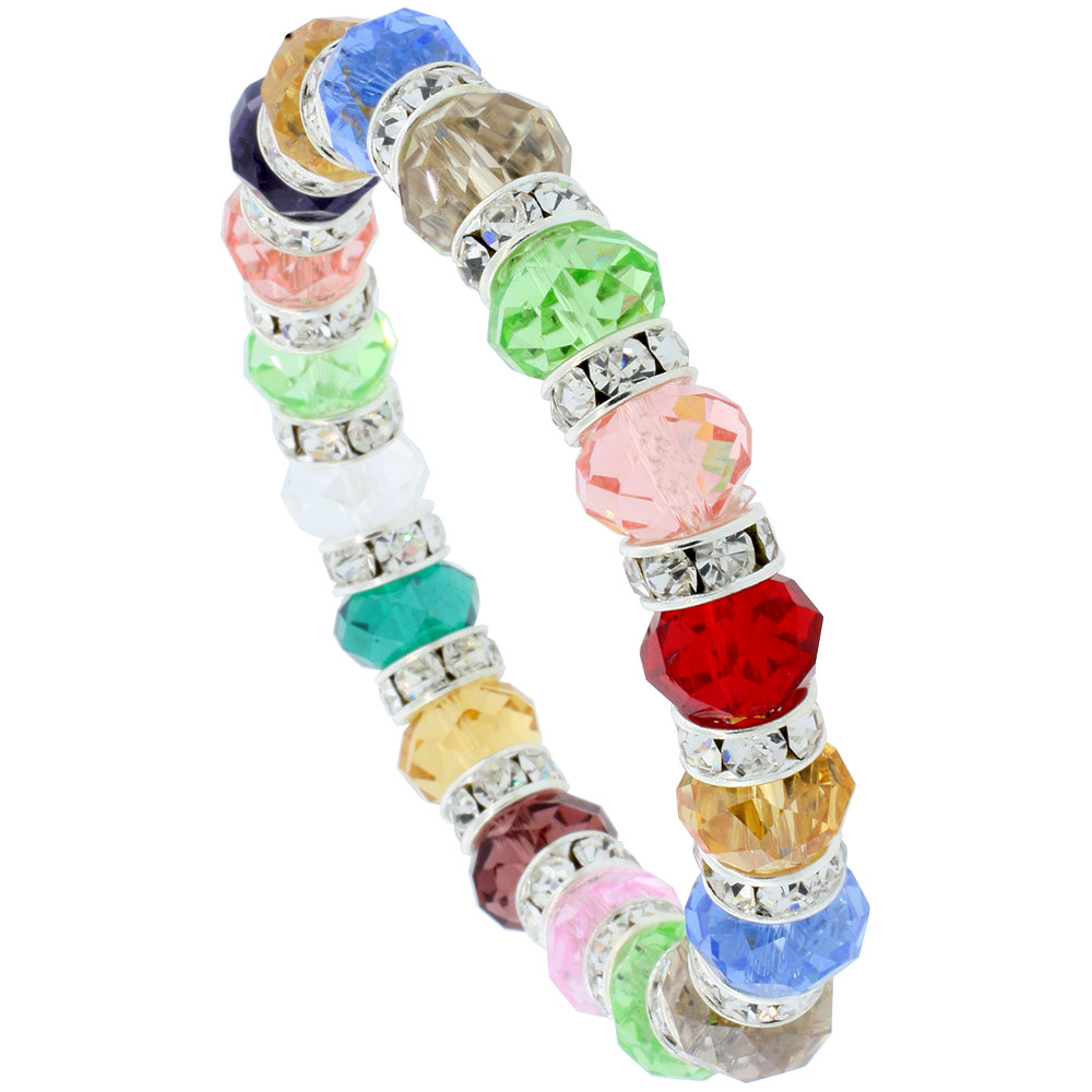 Multi Color Glass Crystal 7 in. Bracelet on Elastic Nylon Strand, 3/8 in. (10 mm) wide