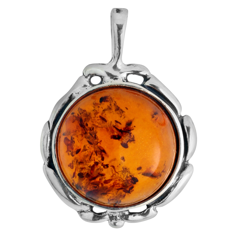 Sterling Silver Round Baltic Amber Necklace for Women Flower Wreath Bezel Round Cabochon 13/16 inch tall Available with or witho