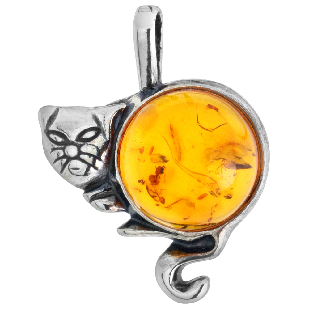 Sterling Silver Baltic Amber Cat Necklace for Women Round Cabochon 3/4 inch tall Available with or without chain
