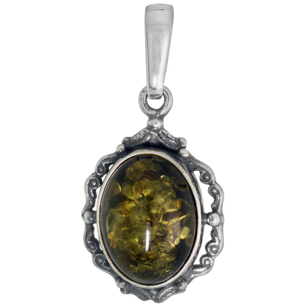 Sterling Silver Green Amber Floral Necklace for Women Scrolled Bezel 12x16mm Oval Cabochon 1 inch tall Available with or without