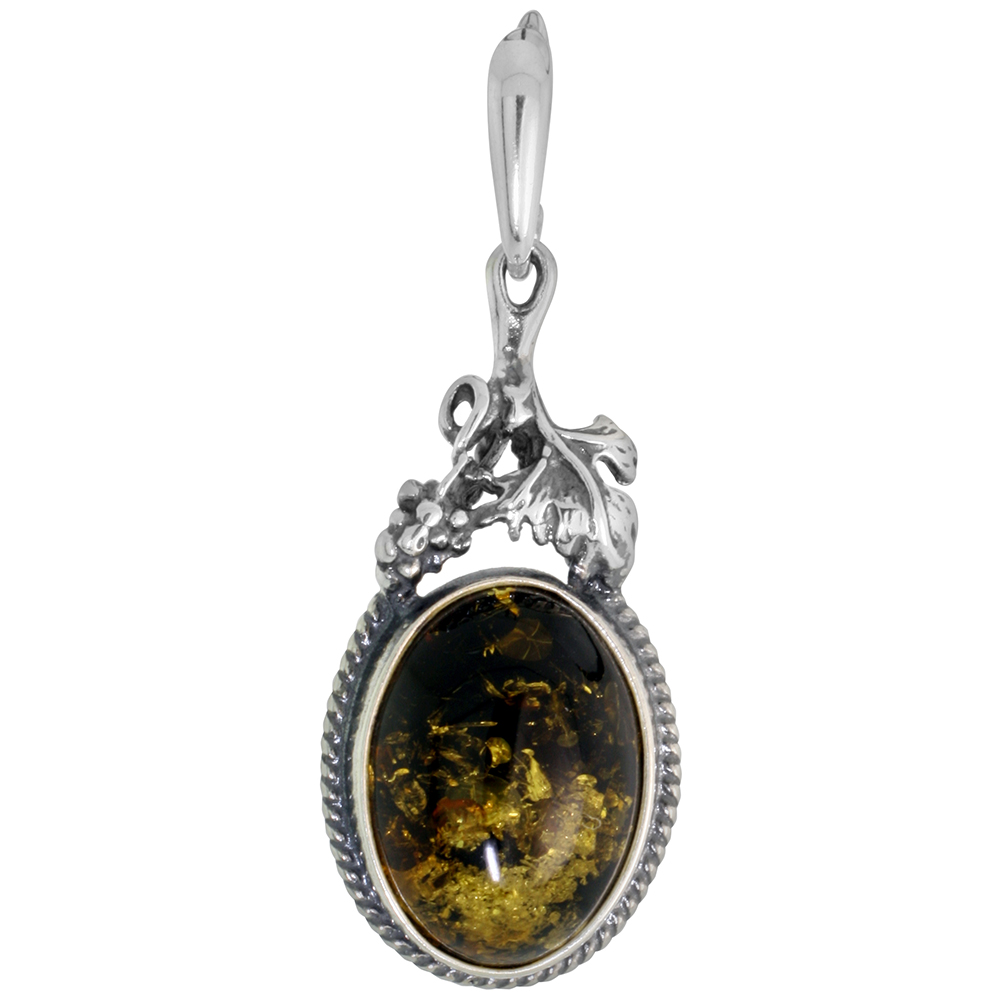 Sterling Silver Green Amber Necklace for Women Grape Vine Rope Bezel 12x16mm Oval Cabochon 1.25 inch tall Available with or with