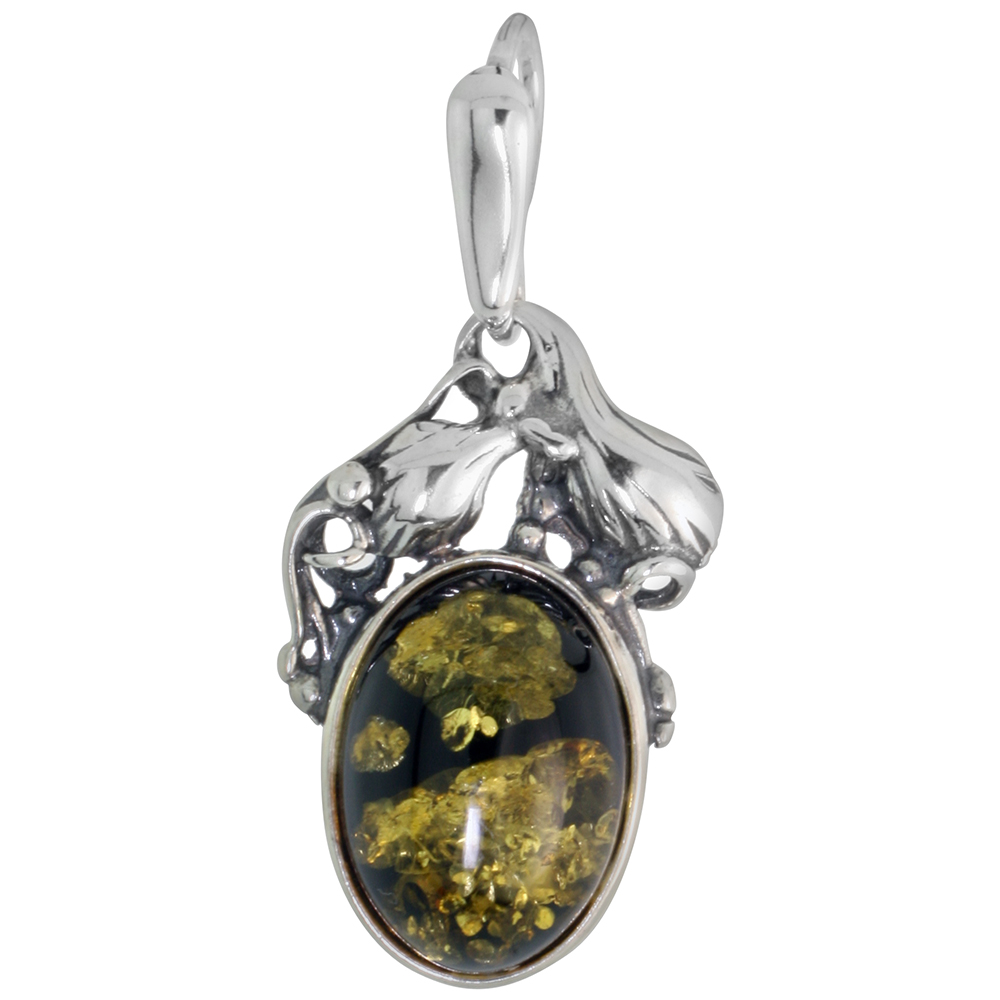 Sterling Silver Green Amber Necklace for Women Grape Vine Bezel 10x12mm Oval Cabochon 1 inch tall Available with or without chai