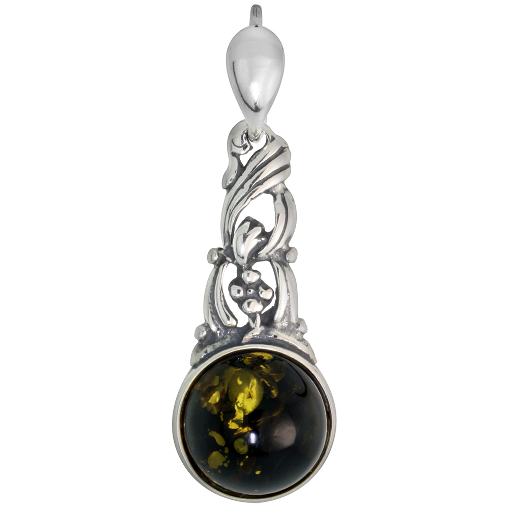 Sterling Silver Green Amber Drop Necklace for Women Flower Vine Design 10mm Round Cabochon 1.25 inch tall Available with or with