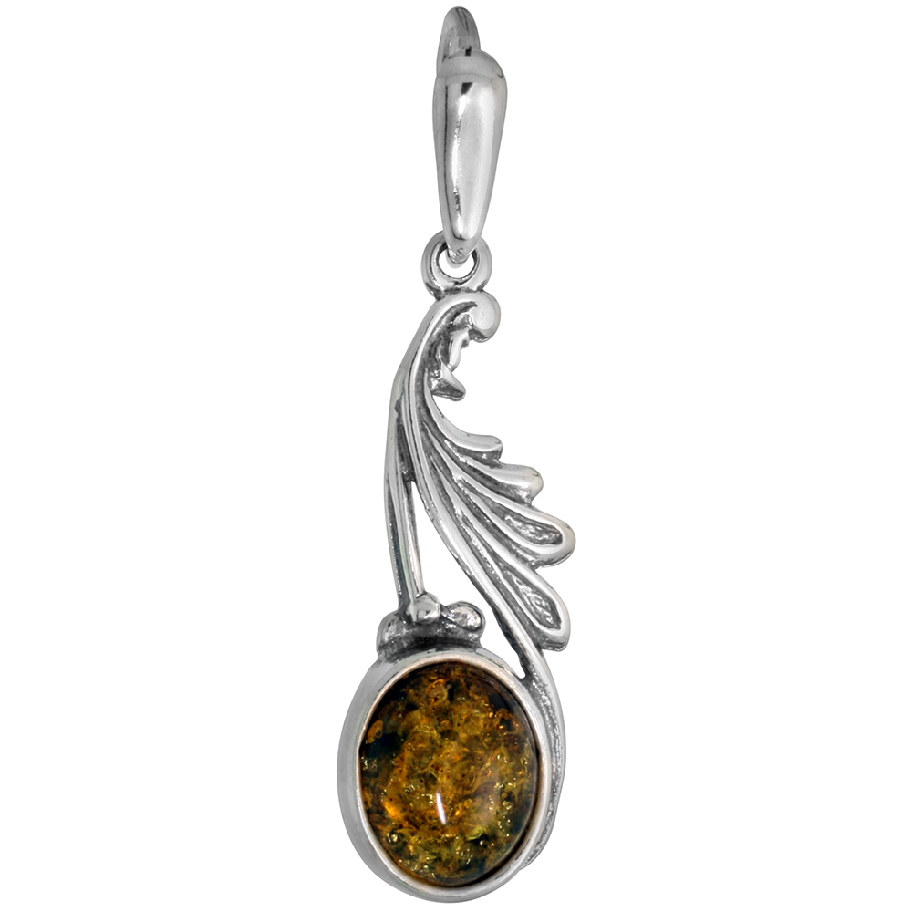 Sterling Silver Green Amber Drop Necklace for Women Fanned Bezel 8x6mm Oval Cabochon 1.25 inch tall Available with or without ch