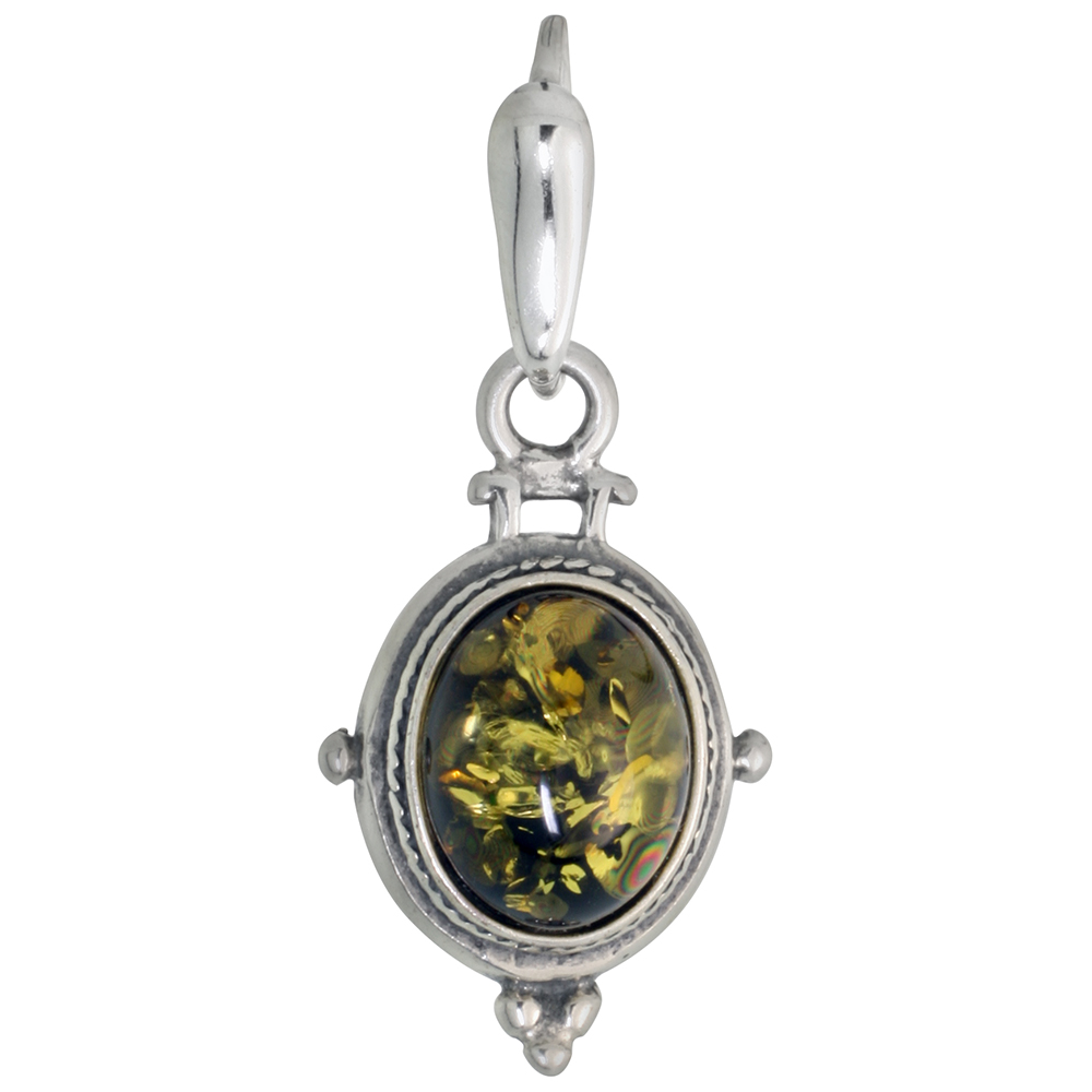 Sterling Silver Green Amber Necklace for Women Roped Bezel 8x10mm Oval Cabochon Available with or without chain
