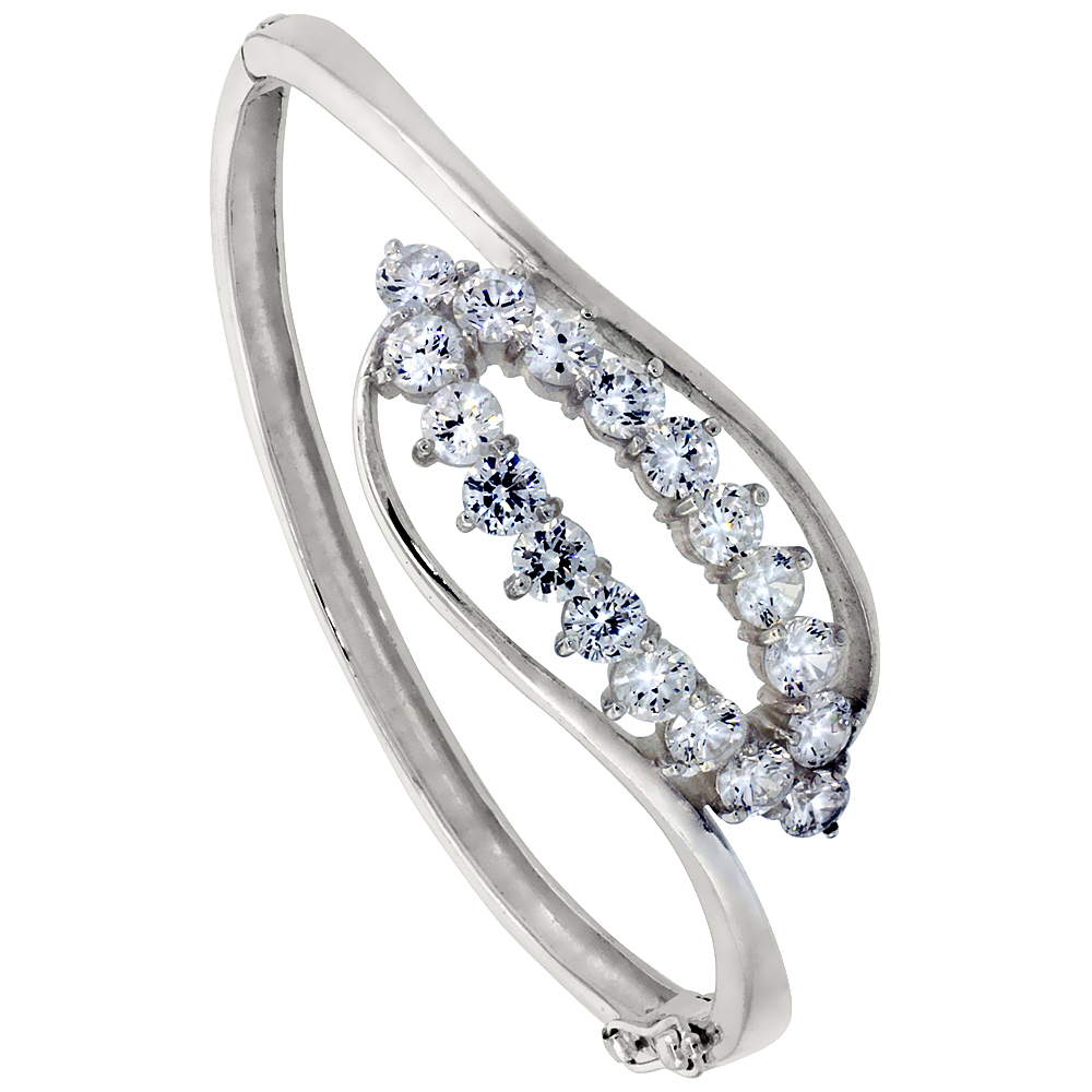 Sterling Silver Bangle Bracelet High Polished Triple Heart w/ Cubic Zirconia Stones, 1/4 inch wide