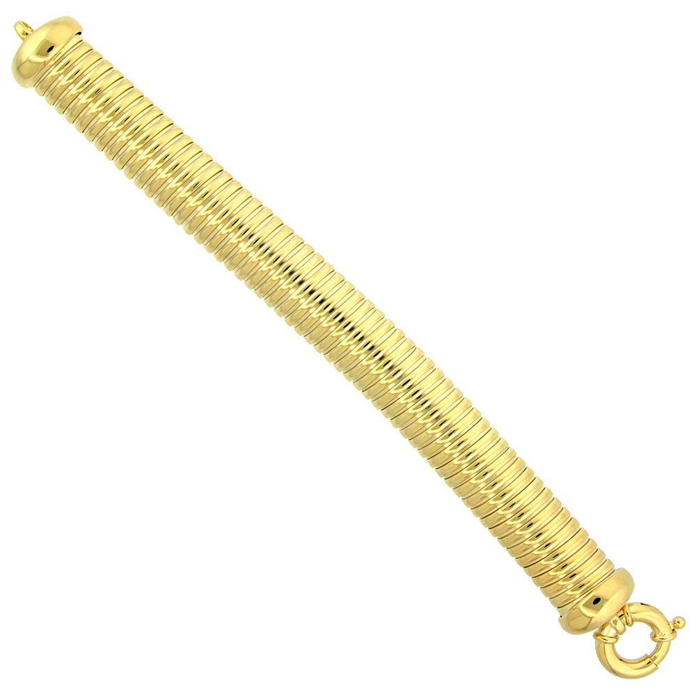 Sterling Silver Striped Dome Bracelet in Yellow Gold Finish, Large Spring Clasp, 19/32 inch wide