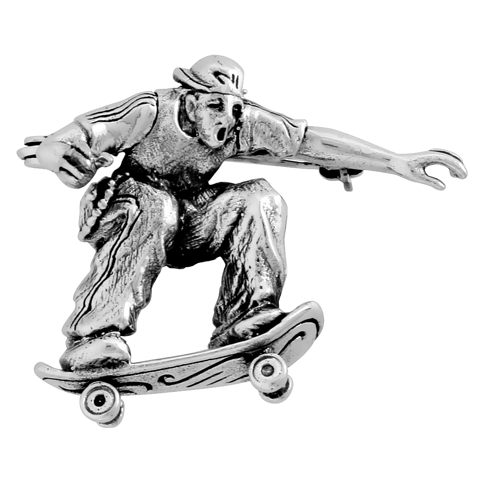 Sterling Silver Skateboarder "Sidewalk Surfer" Brooch Pin, 1 1/8" (29 mm) tall