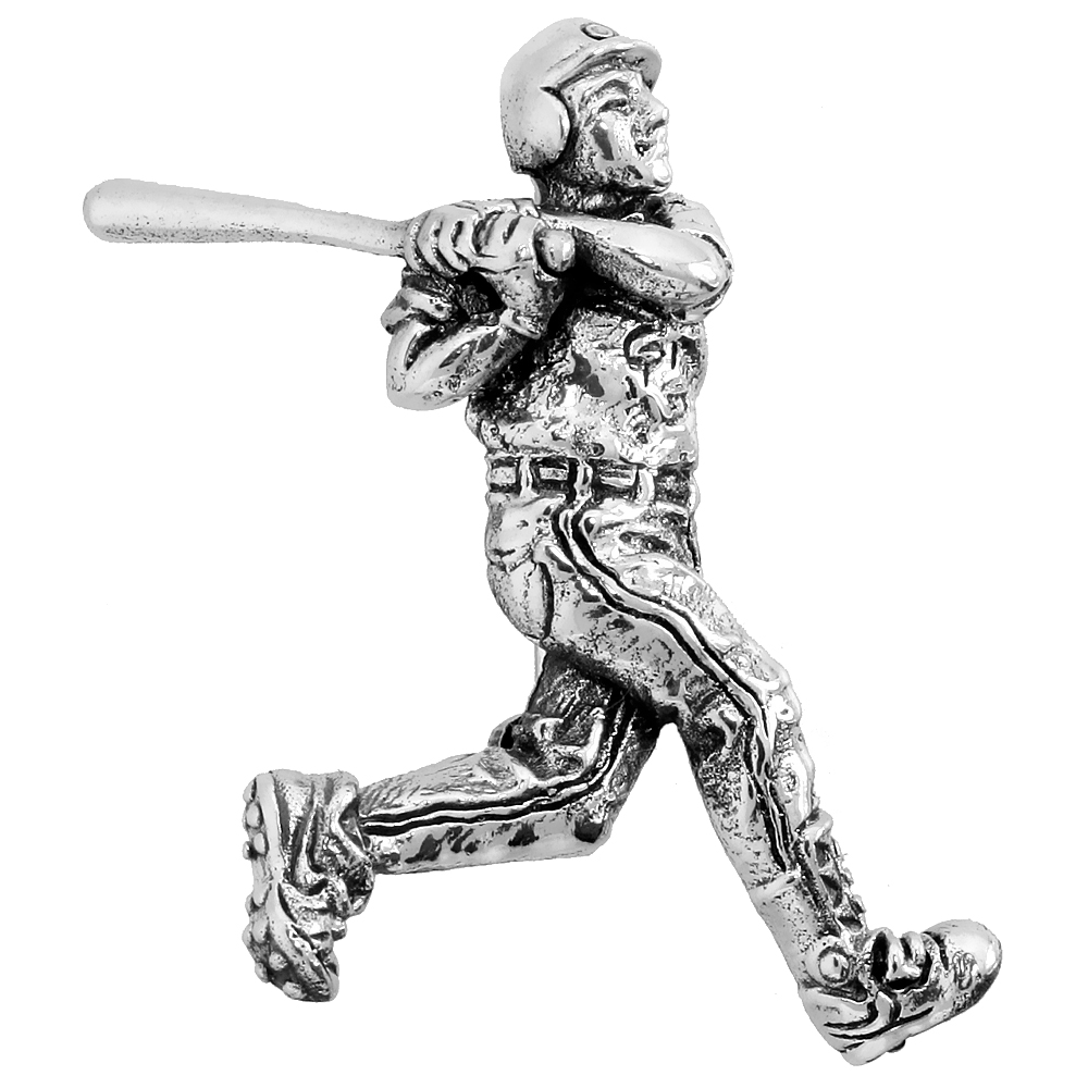Sterling Silver Baseball Player "Batter" Brooch Pin, 1 7/16" (37 mm) tall
