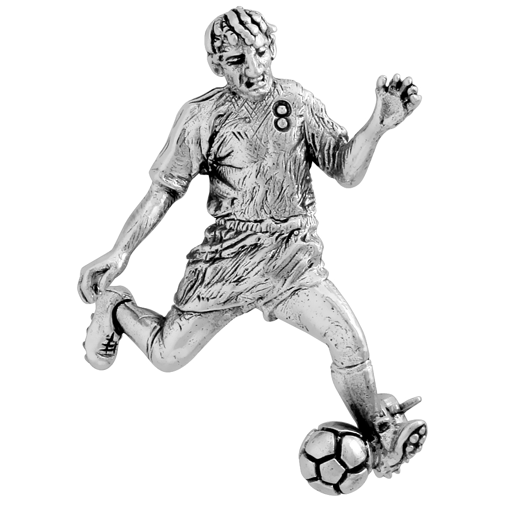 Sterling Silver Soccer Player "Striker / Forward" Brooch Pin, 1 5/8" (42 mm) tall