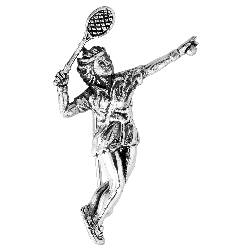 Sterling Silver Tennis Player "Server" Brooch Pin, 1 5/16" (36 mm) tall