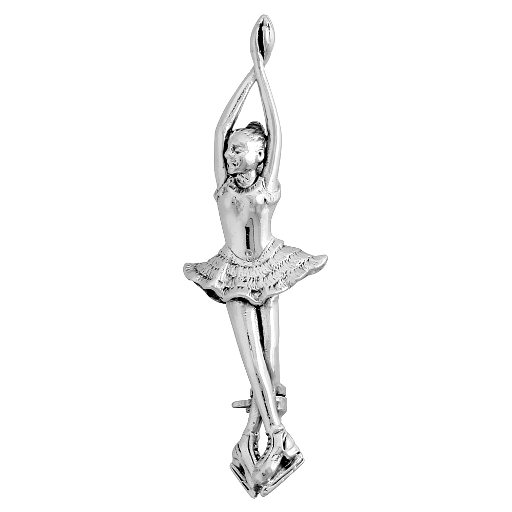 Sterling Silver Figure Skater Brooch Pin, 2" (51 mm) tall