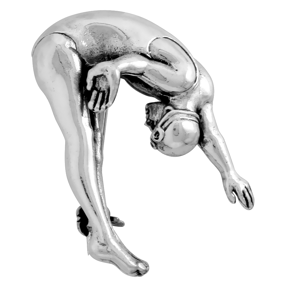 Sterling Silver Acrobatic Diver Brooch Pin, 1 1/4" (32 mm) tall