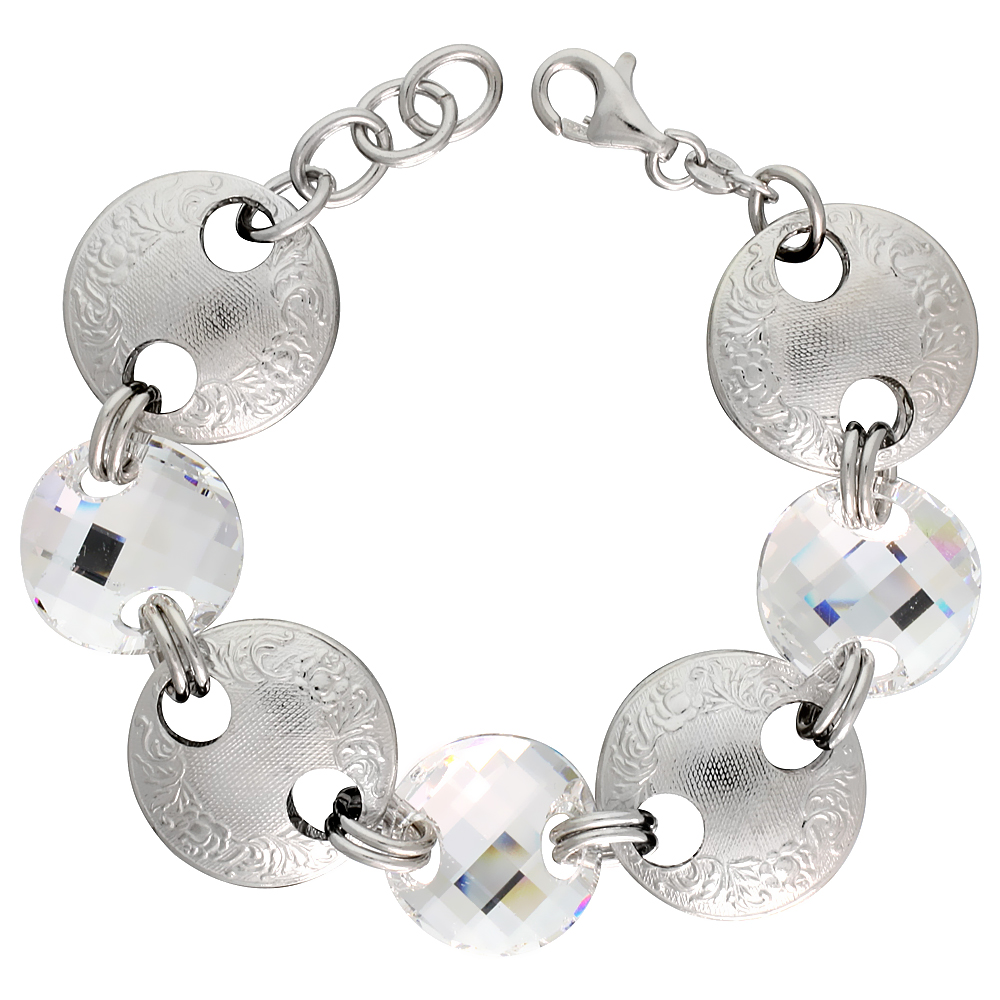 Sterling Silver Large Floral Round Link Bracelet w/ White Quartz Crystal Discs, 7 in.