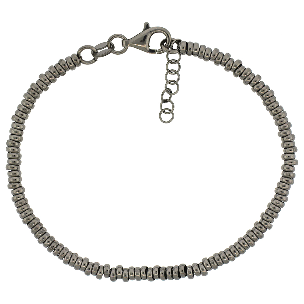 Sterling Silver Doughnut Hole 7 in. Bead Bracelet w/ 1/2 in. Extension in Black Ruthenium Finish, 1/8 in. (3 mm) wide