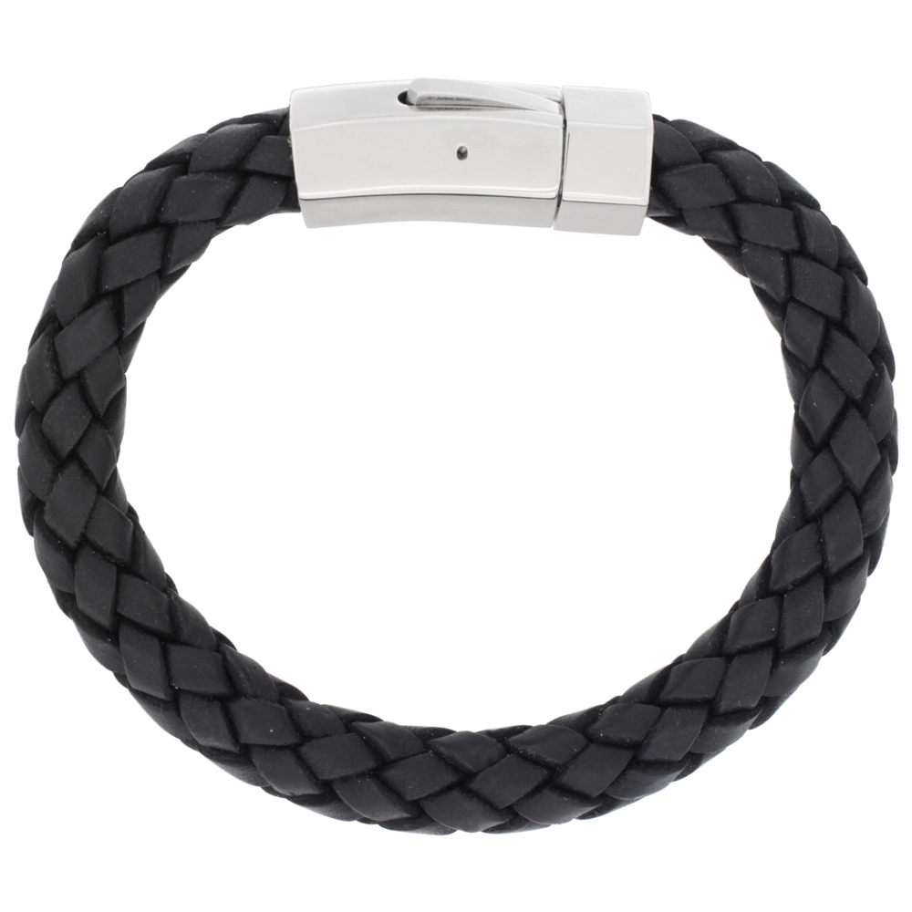 Black Braided Leather Bracelet For Men Stainless Steel Clasp 3/8 inch wide, sizes 7.5 - 9 inch