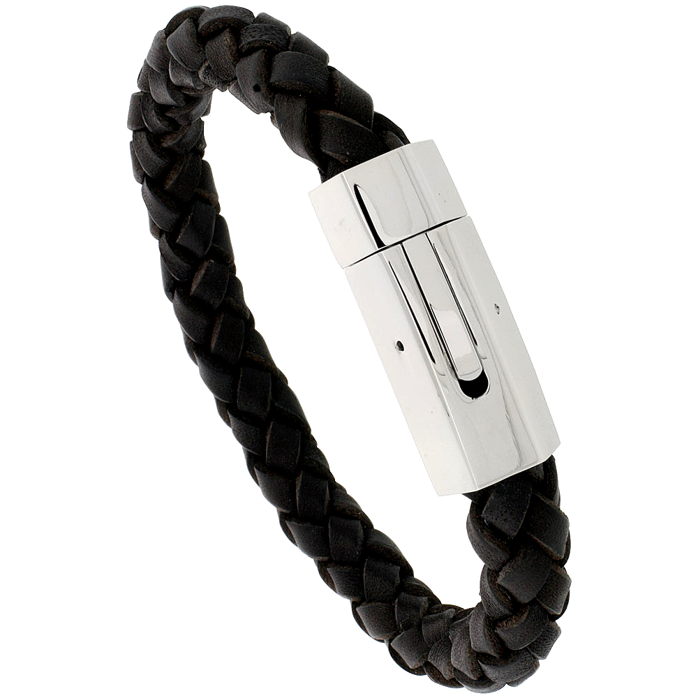 Braided Brown Leather Bracelet for Men Stainless Steel Clasp 3/8 inch wide, 8 inch