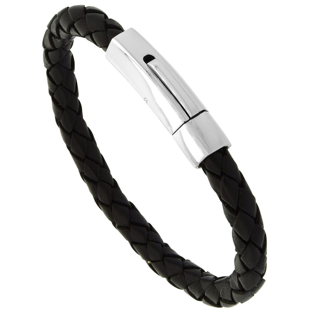 Braided Brown Leather Bracelet for Women Stainless Steel Clasp 5/16 inch wide, 7 1/2 inch