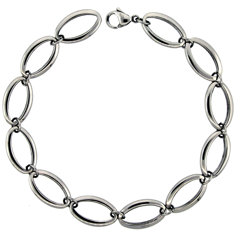 Stainless Steel Bracelet for Women Small Oval Links 3/4 inch wide, 8.5 inch long