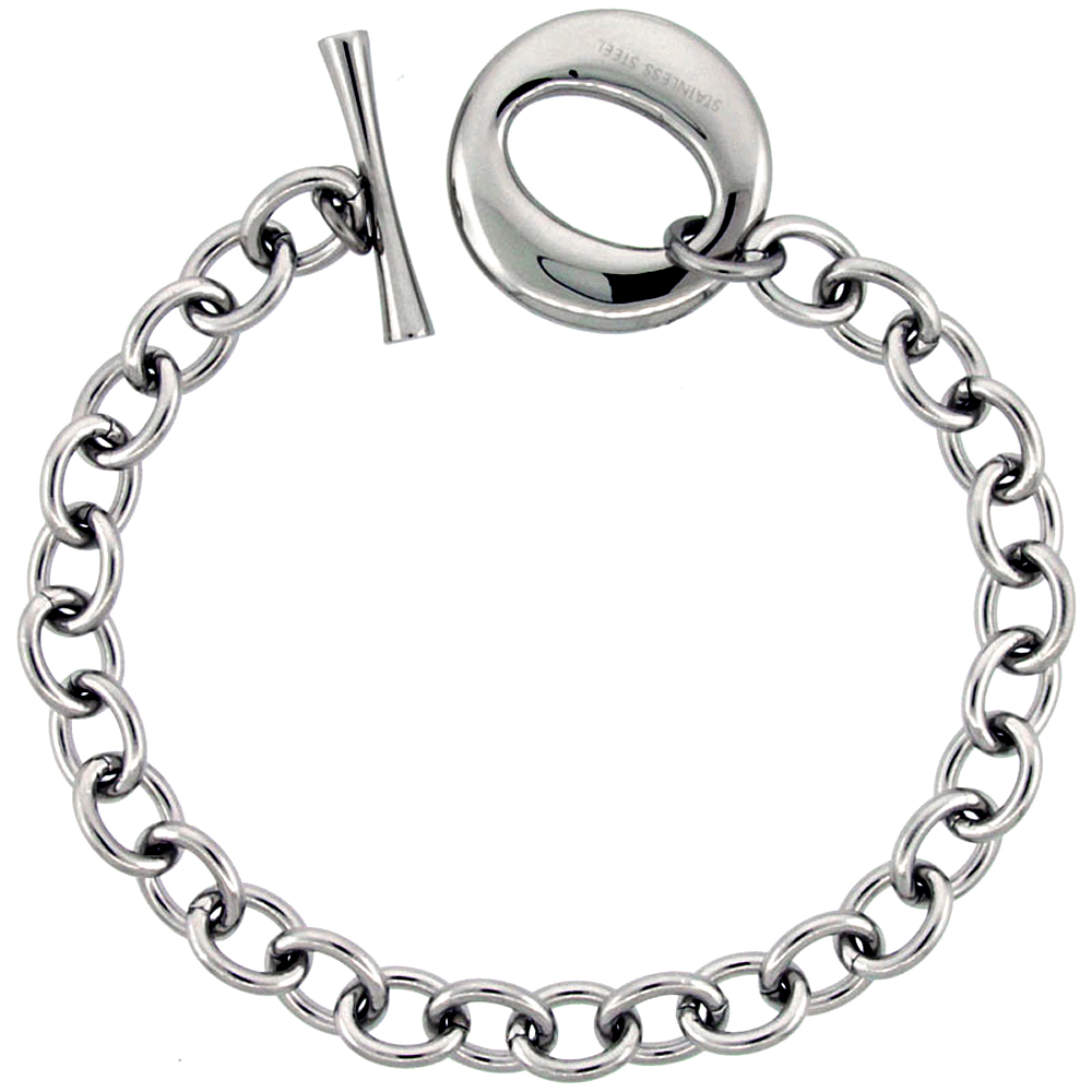 Stainless Steel Cable Chain Bracelet for Men Large "O" Toggle Clasp 7/8 inch wide, 8.25 inch ling