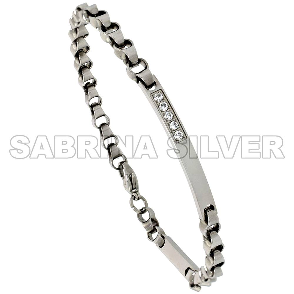 Stainless Steel Cubic Zirconia ID Bracelet for Women & Men 3/16 inch wide, 8.5 inch removable links