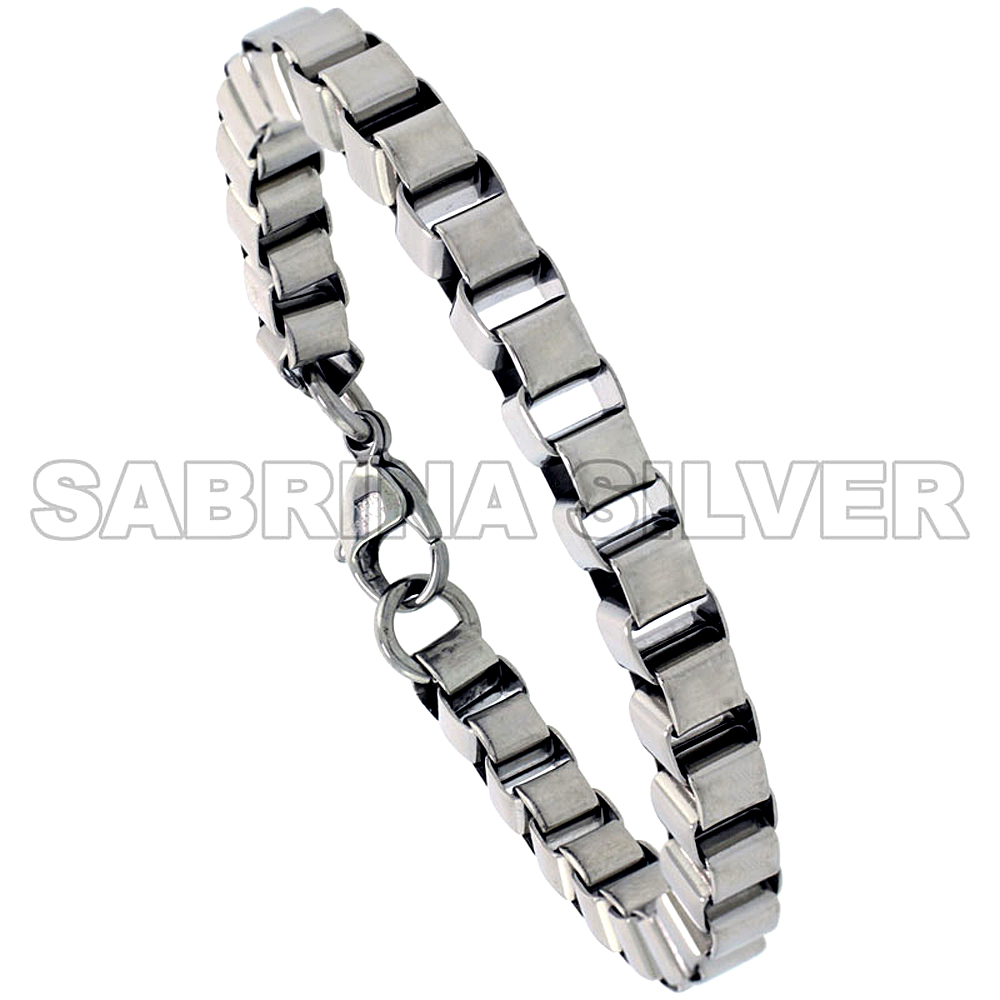 Stainless Steel Box Link Bracelet for Women 1/4 inch wide, 7 inch