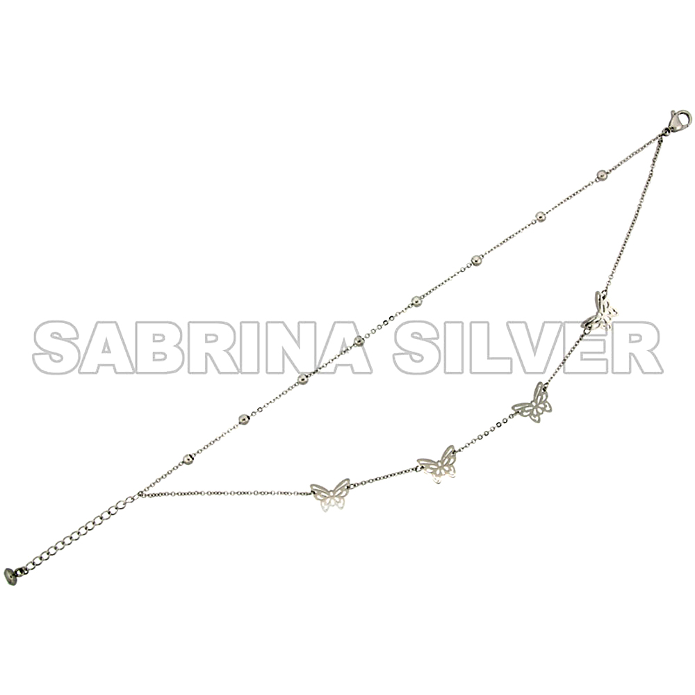 Stainless Steel Butterfly Anklet for Women 3/8 inch wide, 8 + 2 inch Extension