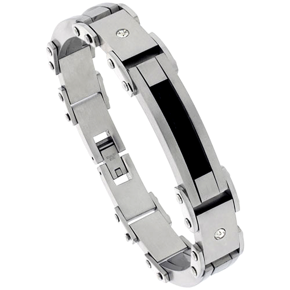 Stainless Steel Cable Bracelet For Men Black Finish Crystals Accent, 8 1/2 inch