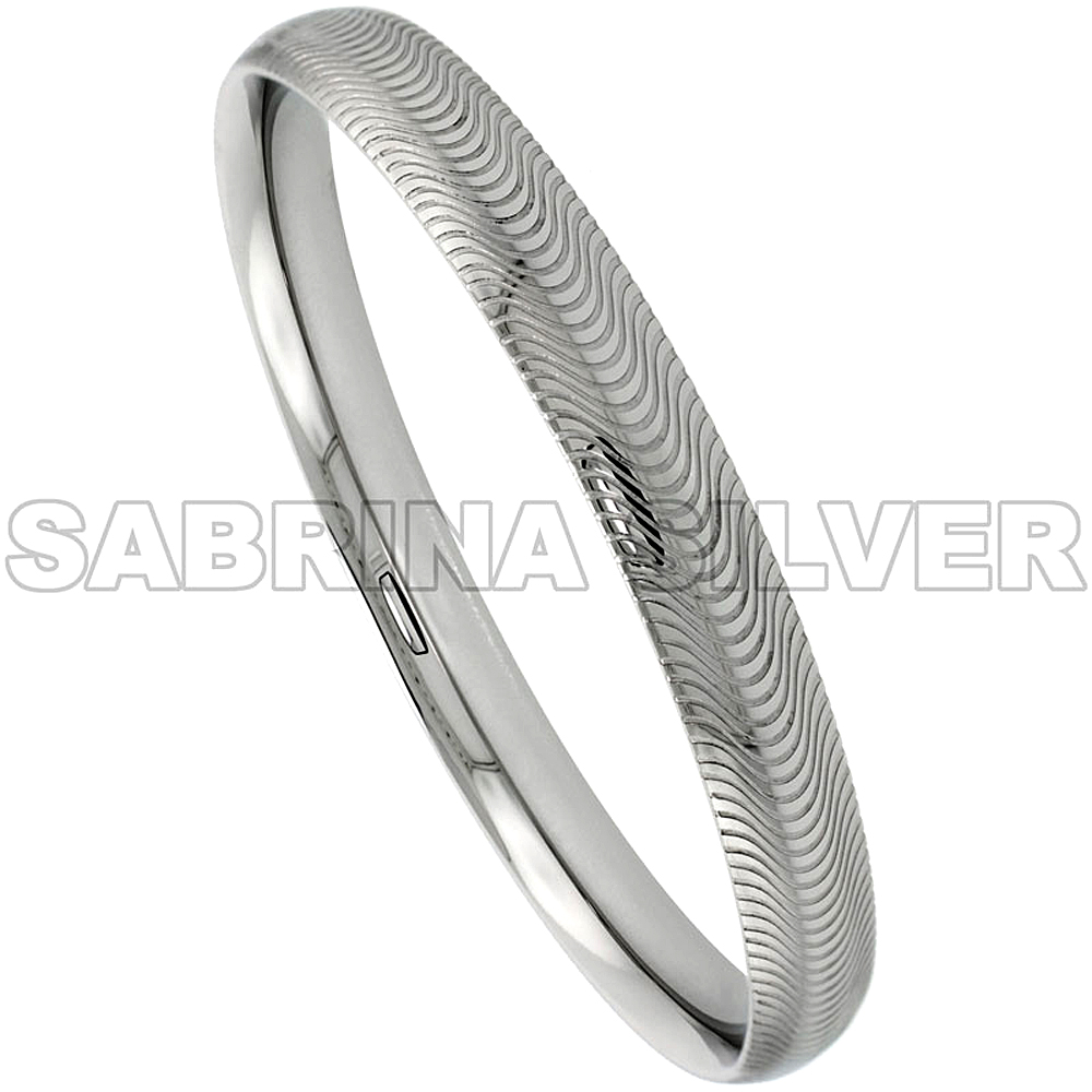 Stainless Steel Slip-on Bangle Bracelet for Women Laser Etched Curvy Stripe Pattern 5 1/6 inch wide, size 7.5 inch