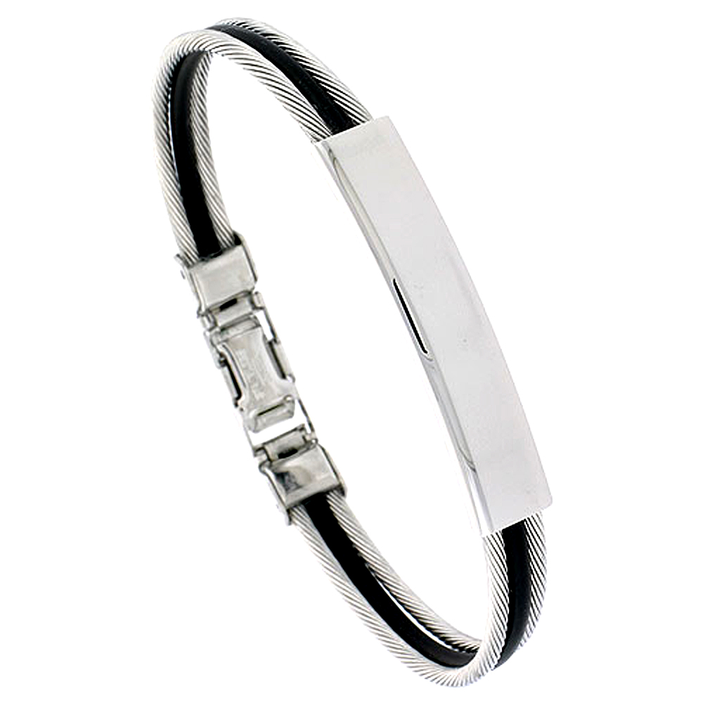 Stainless Steel Cable ID Bracelet For Men Black Rubber Accent 5/16 inch wide,