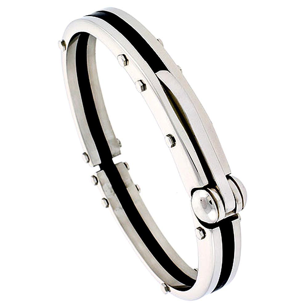 Stainless Steel Bangle Bracelet For Men Black Rubber Accent 3/8 inch wide, 8 inch long