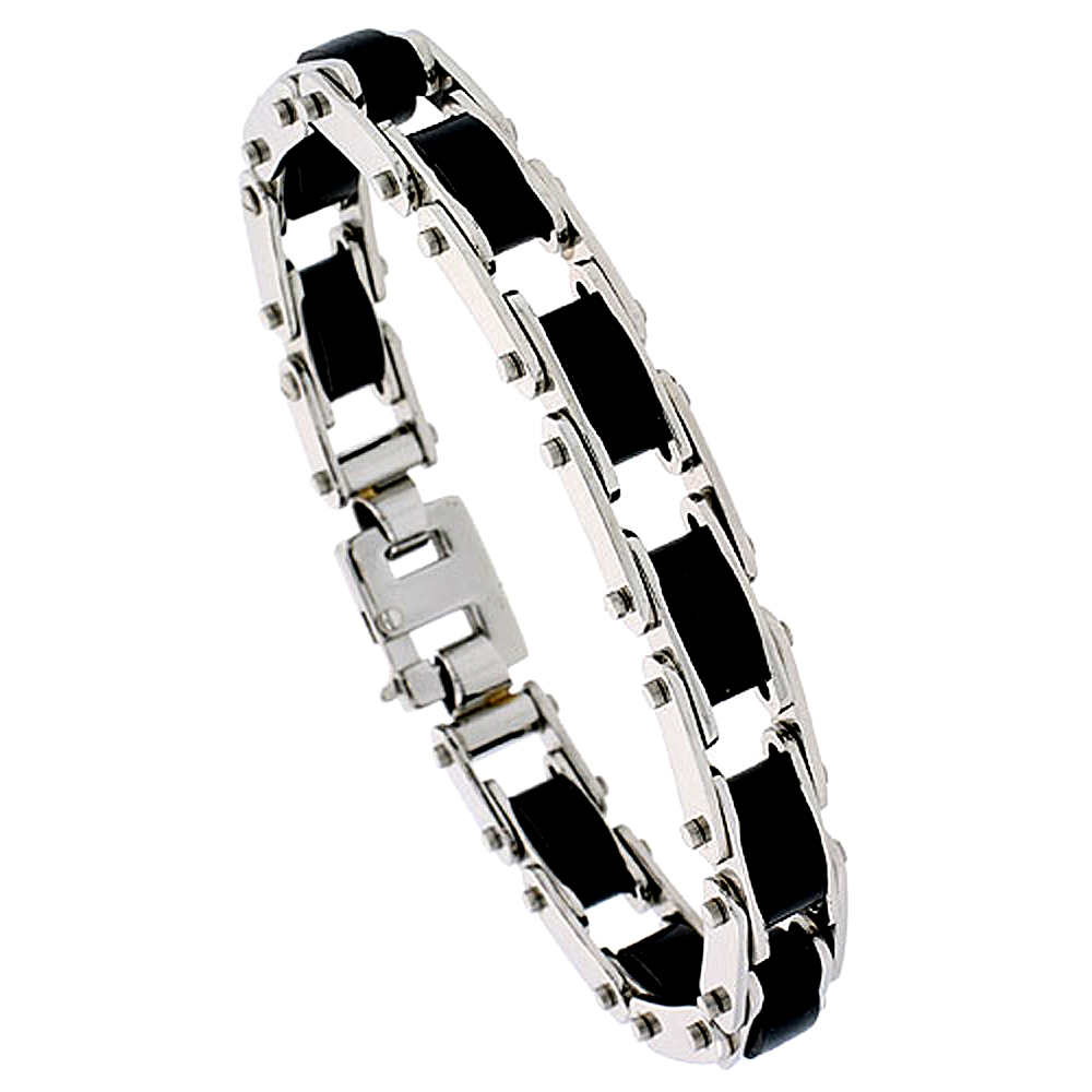 Stainless Steel Bracelet For Men Black Rubber Accent, 1/2 inch wide, 8 inch long