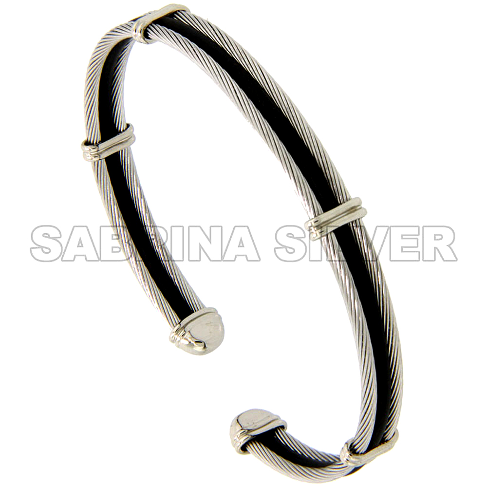Stainless Steel Cable Golf Bracelet for Women Black Rubber Accent, 7 inch Stainless Steel Cable Golf Bracelet for Women Black Rubber Accent, 7 inch