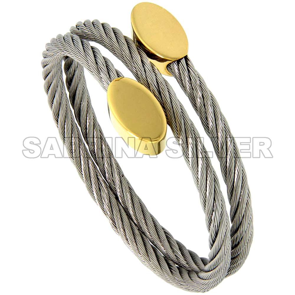 Stainless Steel Cable Golf Bracelet for Women Oval Gold-Tone Ends, 7 inch Stainless Steel Cable Golf Bracelet for Women Oval Gold-Tone Ends, 7 inch