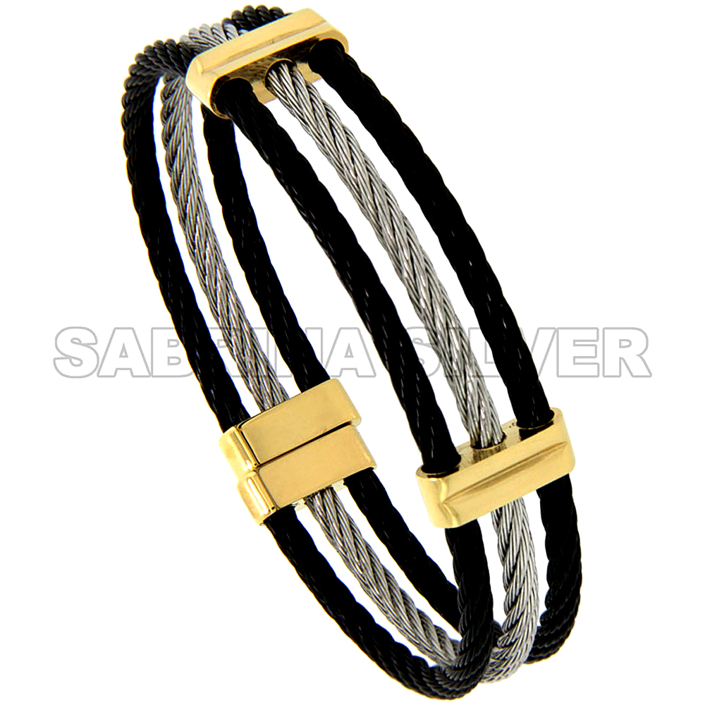 Stainless Steel Cable Cuff Bracelet For Women 3-Tone, 7 inch