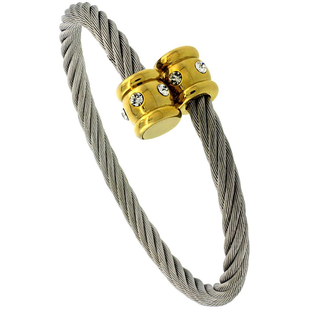 Stainless Steel Cable Golf Bracelet For Women 2-Tone w/ Crystals, 7 inch Stainless Steel Cable Golf Bracelet For Women 2-Tone w/ Crystals, 7 inch