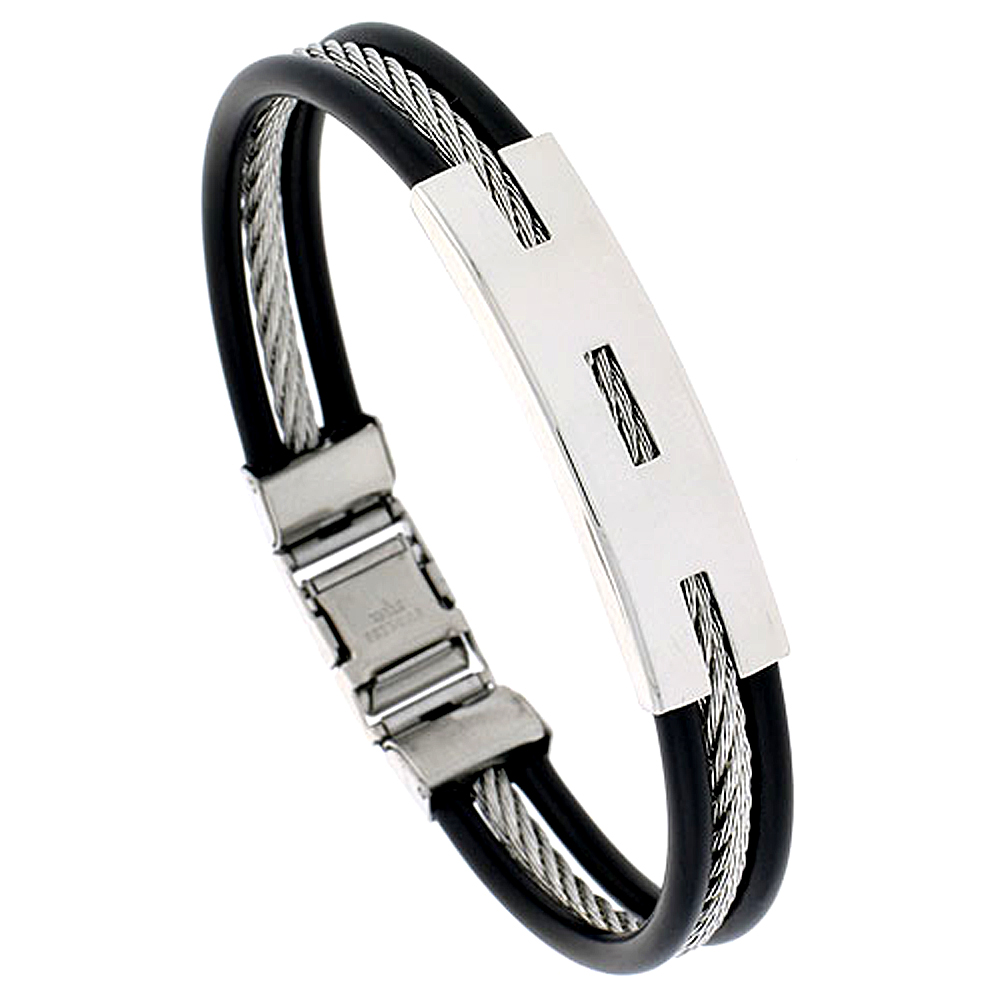 Stainless Steel Cable Bracelet For Men Black Rubber Accent inch wide, 8 inch long
