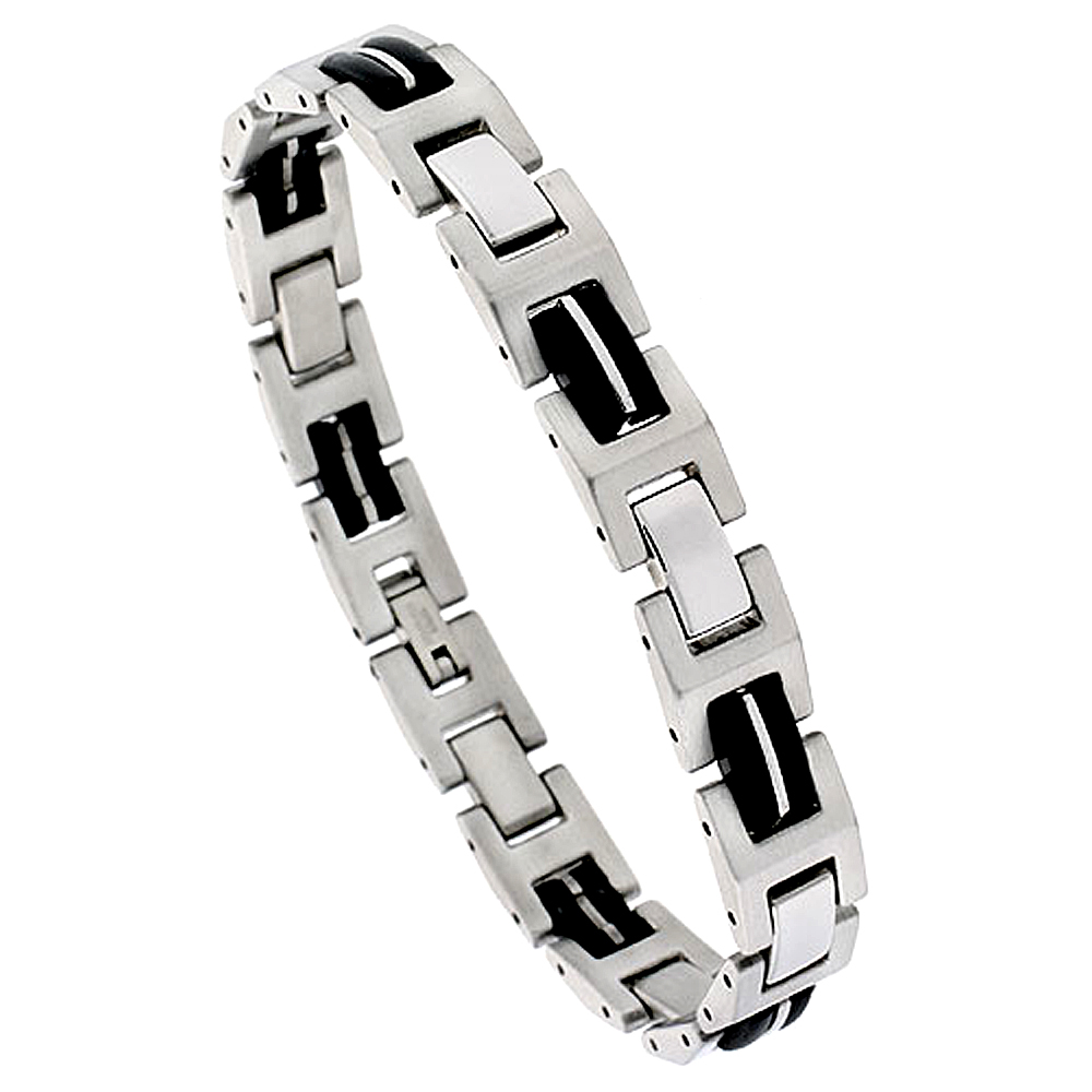 Stainless Steel Flat Link Bracelet For Men with Black Rubber, 8 inch long