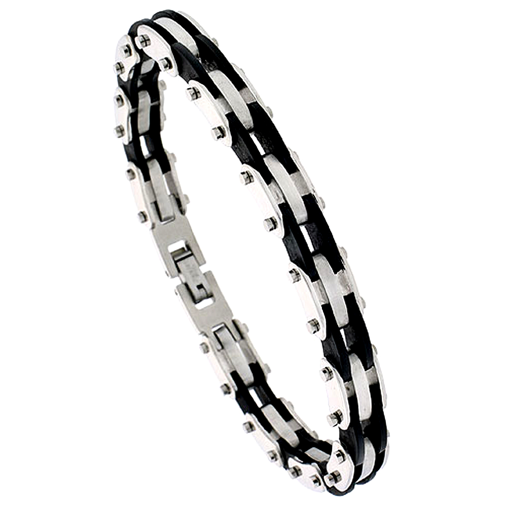 Stainless Steel Bracelet For Men Black Rubber Accent 3/8 inch wide, 8 inch long