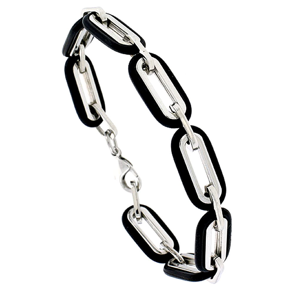 Stainless Steel Long Link Bracelet For Men Black Rubber Accent 3/8 inch wide, 8 inch long