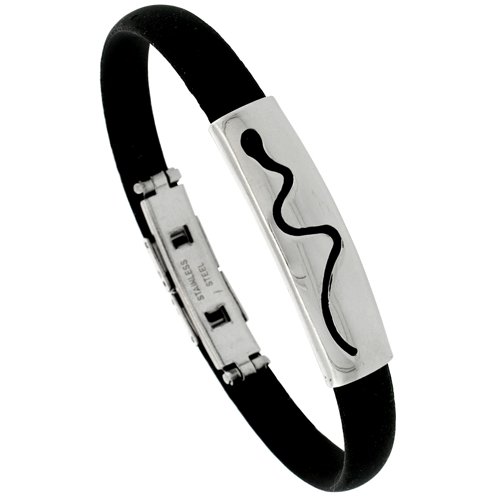 Stainless Steel Snake Bracelet For Men Black Rubber Accent, 3/8 inch wide, 8 inch long