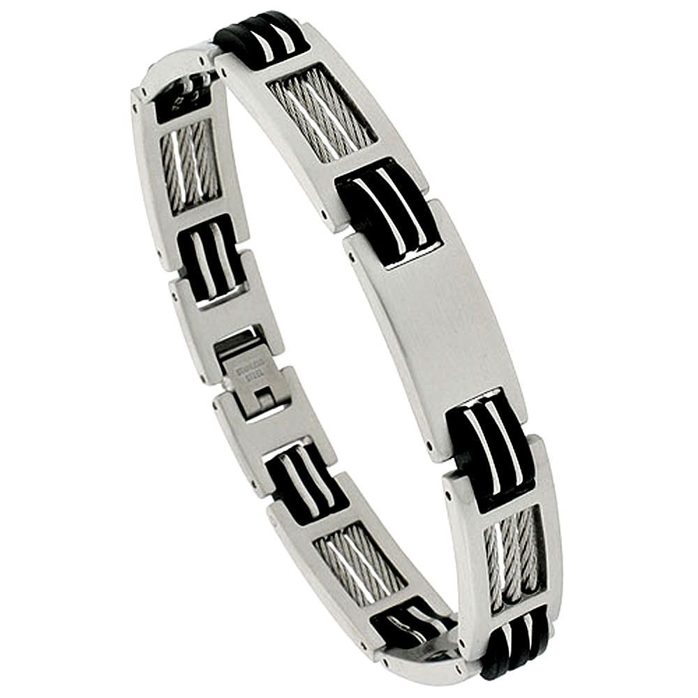Stainless Steel Cable Bracelet For Men Black Rubber Accent, 1/2 inch wide, 8 1/2 inch long