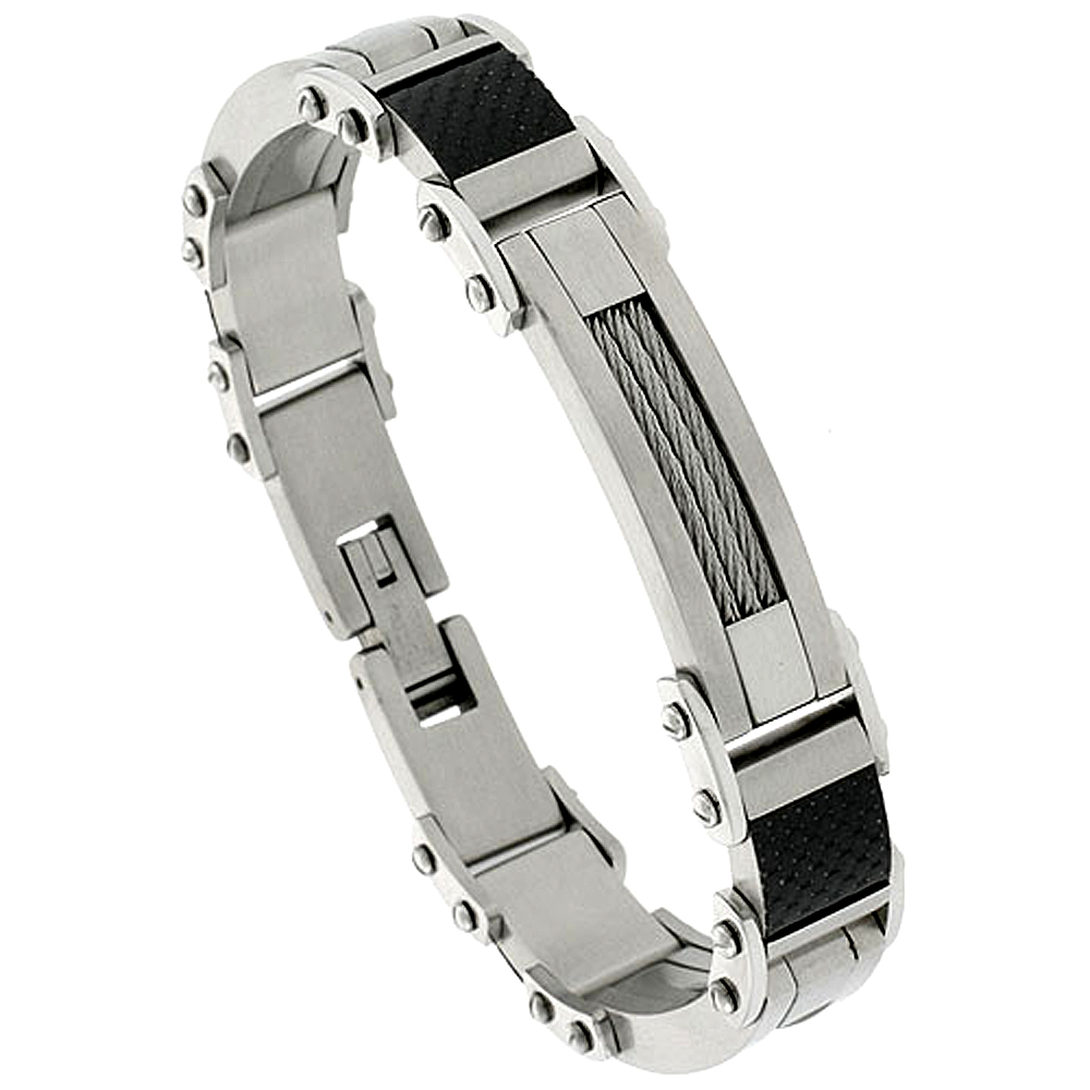 Stainless Steel Cable & Black Carbon Fiber Bracelet For Men, 5/8 inch wide, 8 1/2 inch long