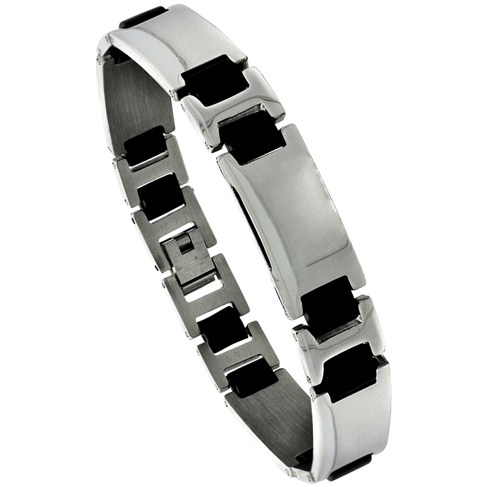 Stainless Steel Bracelet For Men Black Rubber Accent, 8 inch