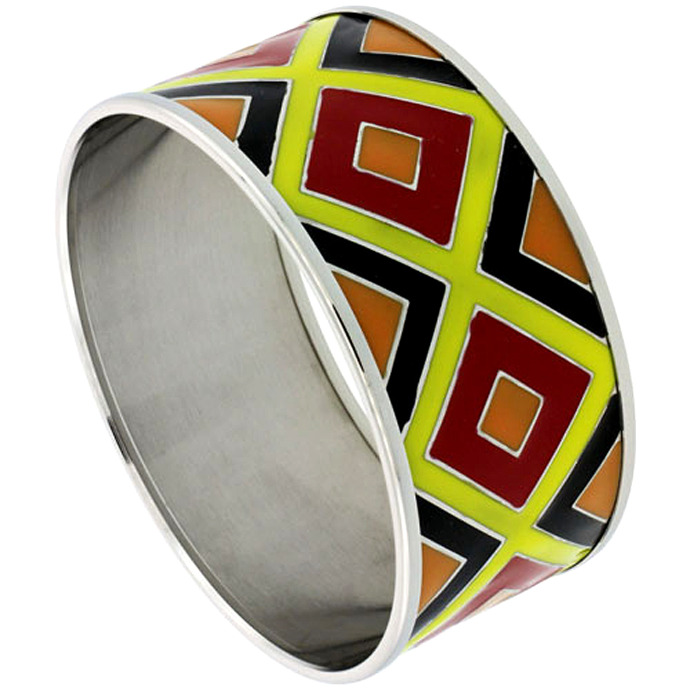 Stainless Steel Wide Bangle Bracelet for Women Enameled Argyle Pattern, 1 3/16 inch wide