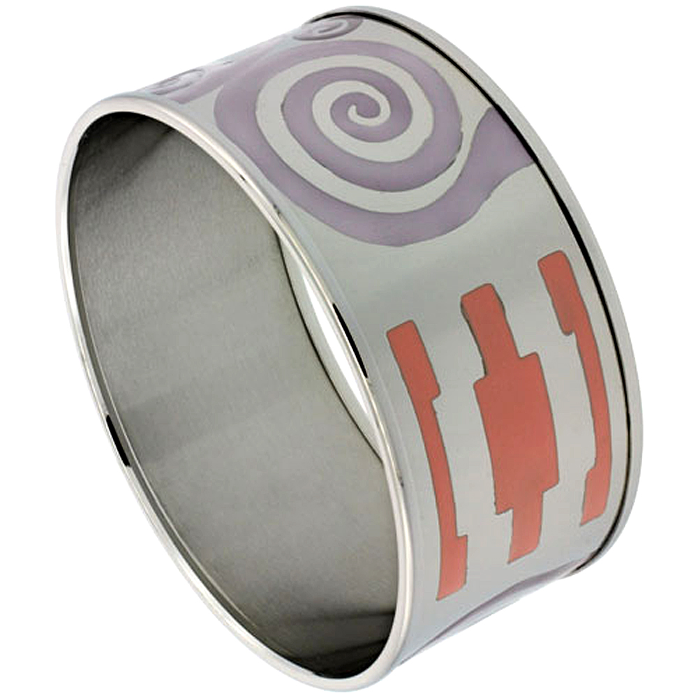 Stainless Steel Wide Bangle Bracelet for Women Enameled Swirl Pattern, 1 3/16 inch wide