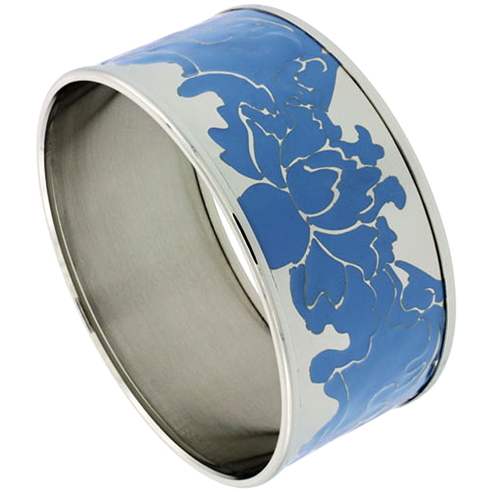 Stainless Steel Wide Bangle Bracelet for Women Enameled Floral Vine Pattern, 1 3/16 inch wide