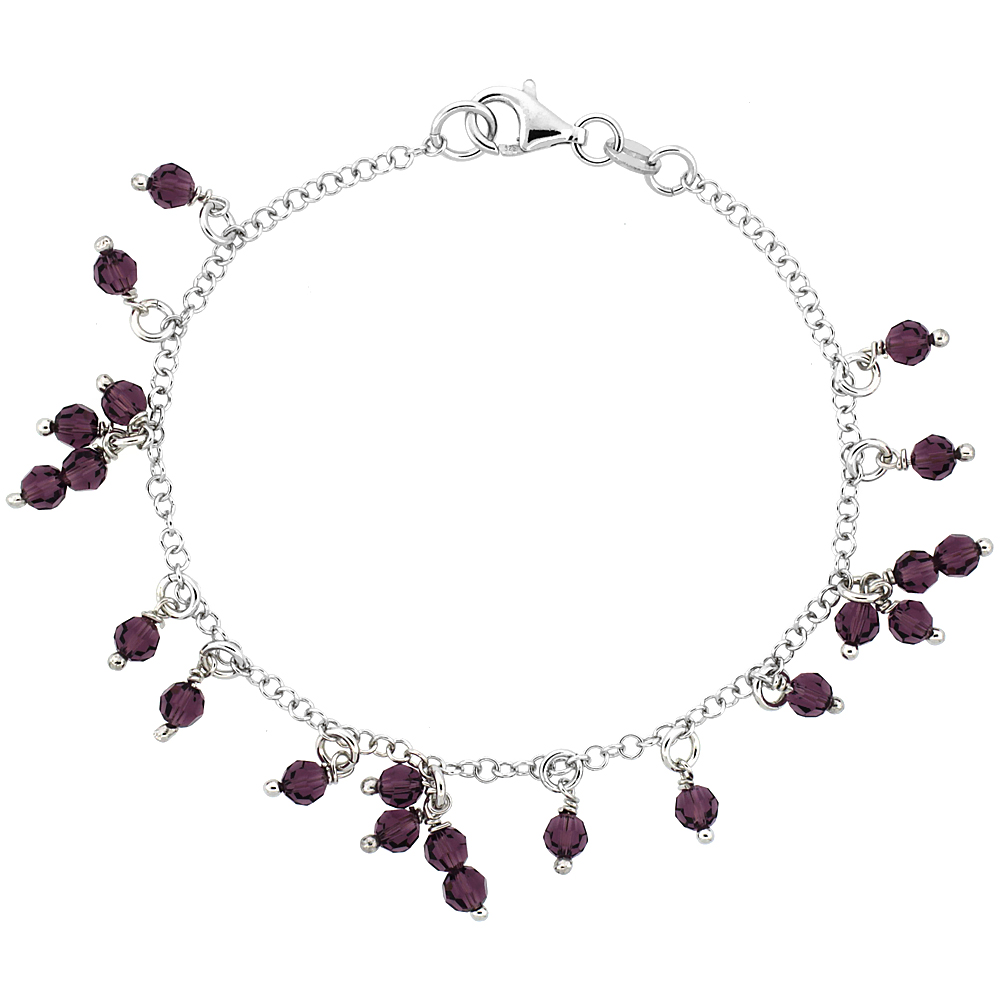 Sterling Silver Amethyst Swarovski Crystals 7 in. Charm Bracelet