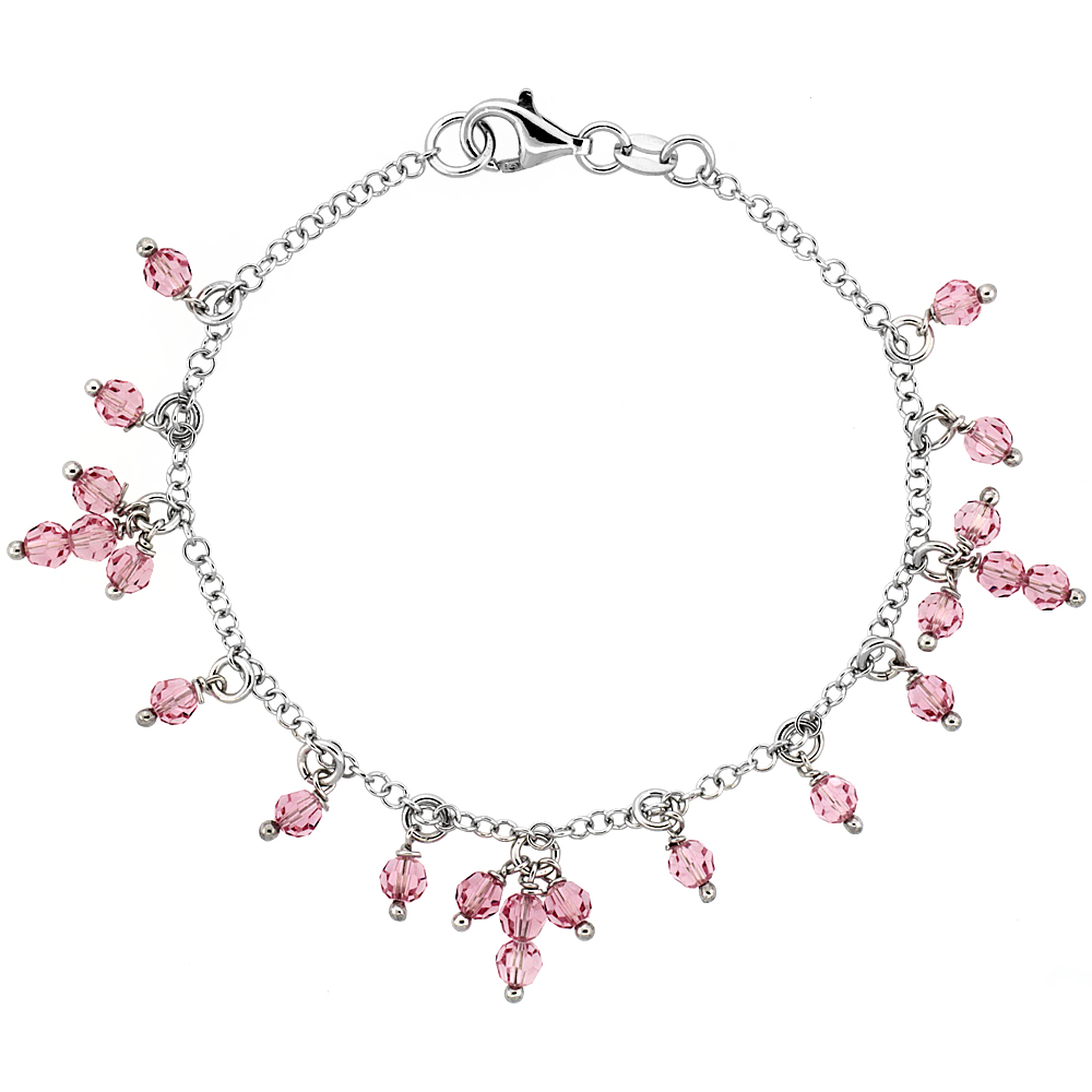 Sterling Silver Pink Sapphire Swarovski Crystals 7 in. Charm Bracelet