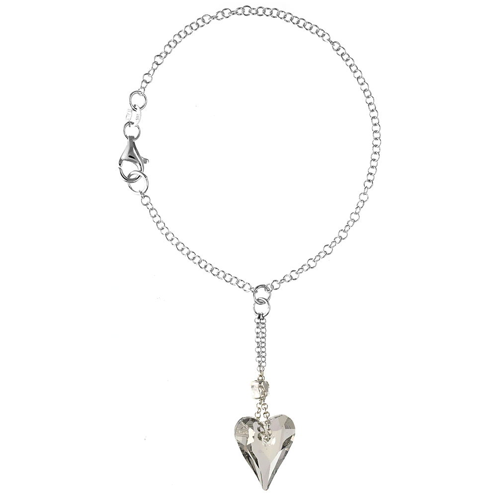 Sterling Silver Heart Charm Swarovski Crystal 7 in. Rolo Link Bracelet 9/16 in (15 mm) wide w/ drop